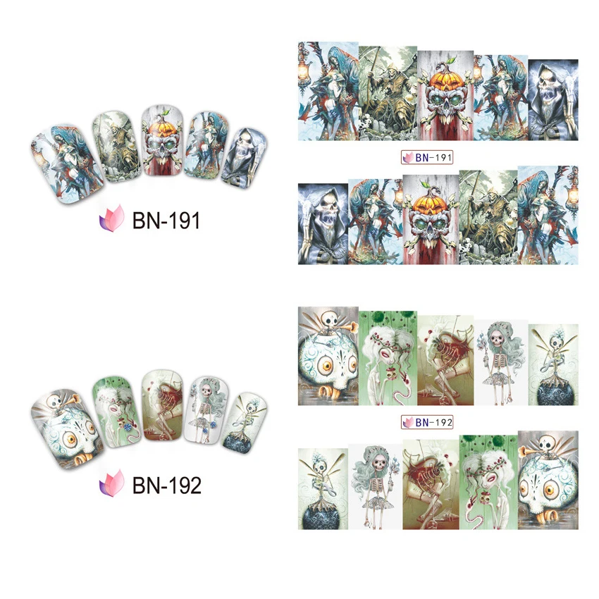 1 лист переводные наклейки для ногтей Череп Скелет наклейка на Хэллоуин узор