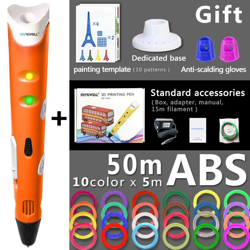 Myriwell 3d Ручка 3d ручки, 1,75 мм ABS/PLA нити, 3d модели, 3d принтер pen-3d волшебная ручка для детей подарок на день рождения Рождественский подарок - Цвет: Orange pen 50m ABS