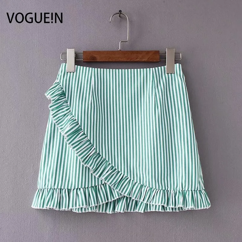 VOGUEIN Новая женская зеленая полосатая Асимметричная мини-юбка с оборками оптовая