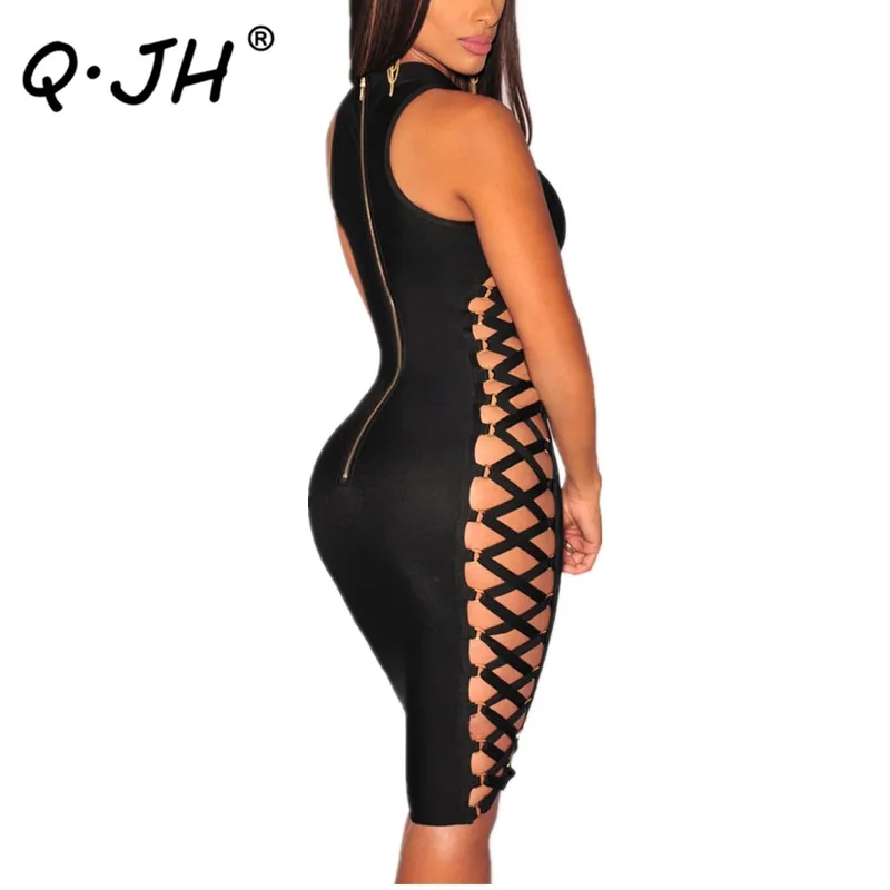 Сексуальная выдалбливают Бинты рукавов dress черный зашнуровал bodycon Midi Dress vestidos де
