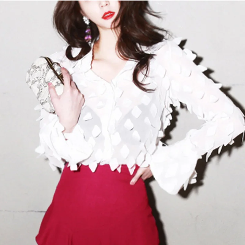 Шикарные шифоновые 3D рубашки с цветочным принтом длинным рукавом белые кружевные блузки вышивкой OL