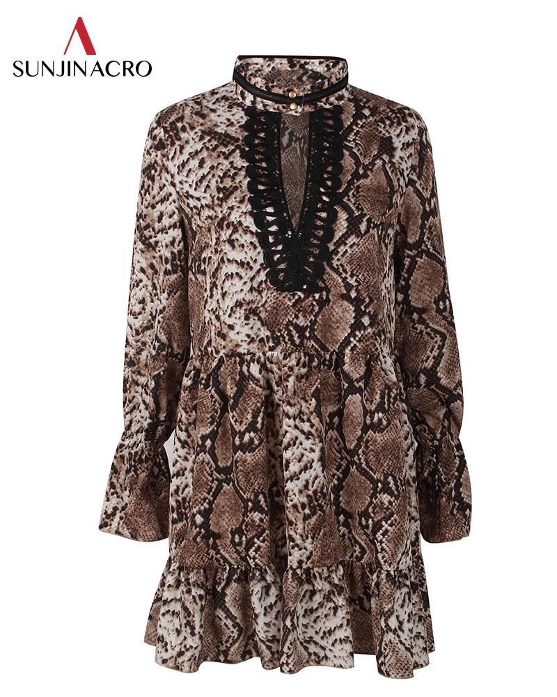 SUNJINACRO 2019 New Spring Women Sexy Dress Leopard Print Dresses Deep V neck Flare Sleeve Chiffon Lace Patch Mini Party | Женская