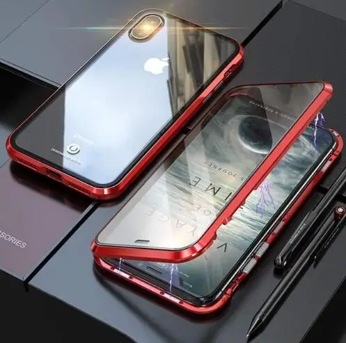 RED Tongdaytech магнитное закаленное стекло чехол для Iphone XS MAX X XR 360 чехол s двустороннее стекло металлический чехол для Iphone 8 7 6S Plus - Цвет: RED