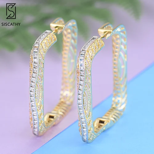 Gold SisCathy, трендовые, Роскошные, квадратные, 3 тона, кубический циркон, массивные, большие серьги-кольца для женщин, свадебные, Дубай, свадебные серьги-кольца - Окраска металла: Gold