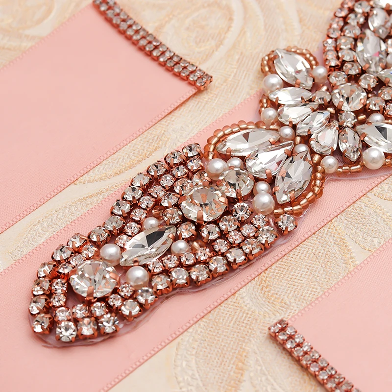 

MissRDress Pearls Bridal Sash Rose Gold Rhinestones Wedding Dress Belt Hand Beaded Bridal Belt For Wedding Decoration JK959