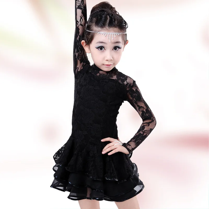 Red/Black/Yellow Long Sleeves Latin Dance Dress Girls Lace Flamenco Salsa Dresses Children Kids Ballroom | Тематическая одежда и