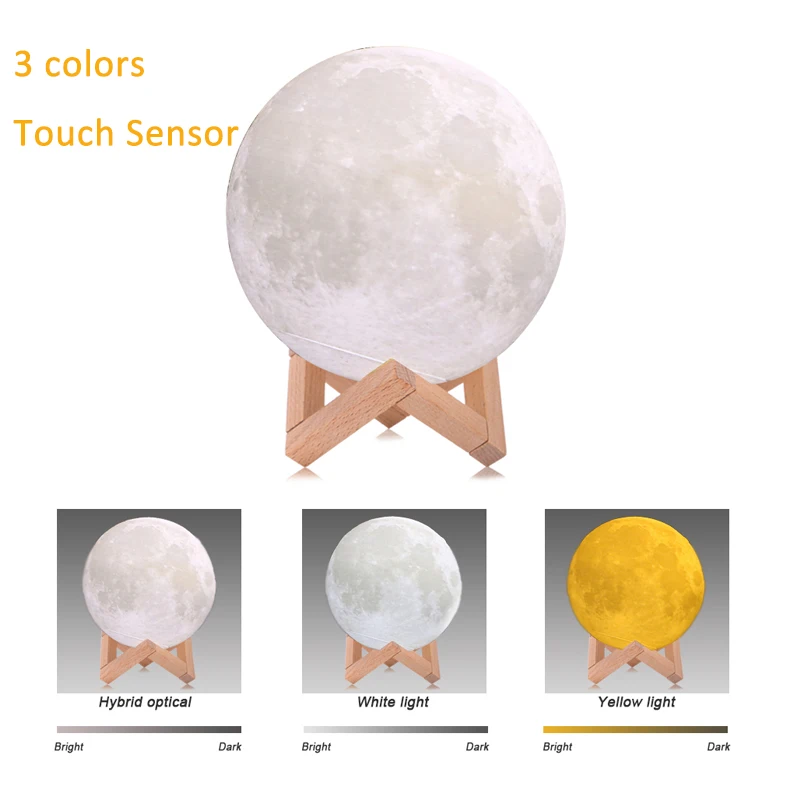 3 Color Touch Sensor Лунная лампа 3D печать светодиодный Ночной светильник лампа лунного света USB питание сенсорное управление 8-20 см Лунная Луна Ночной светильник с деревянным держателем - Испускаемый цвет: 3 Color Touch Sensor