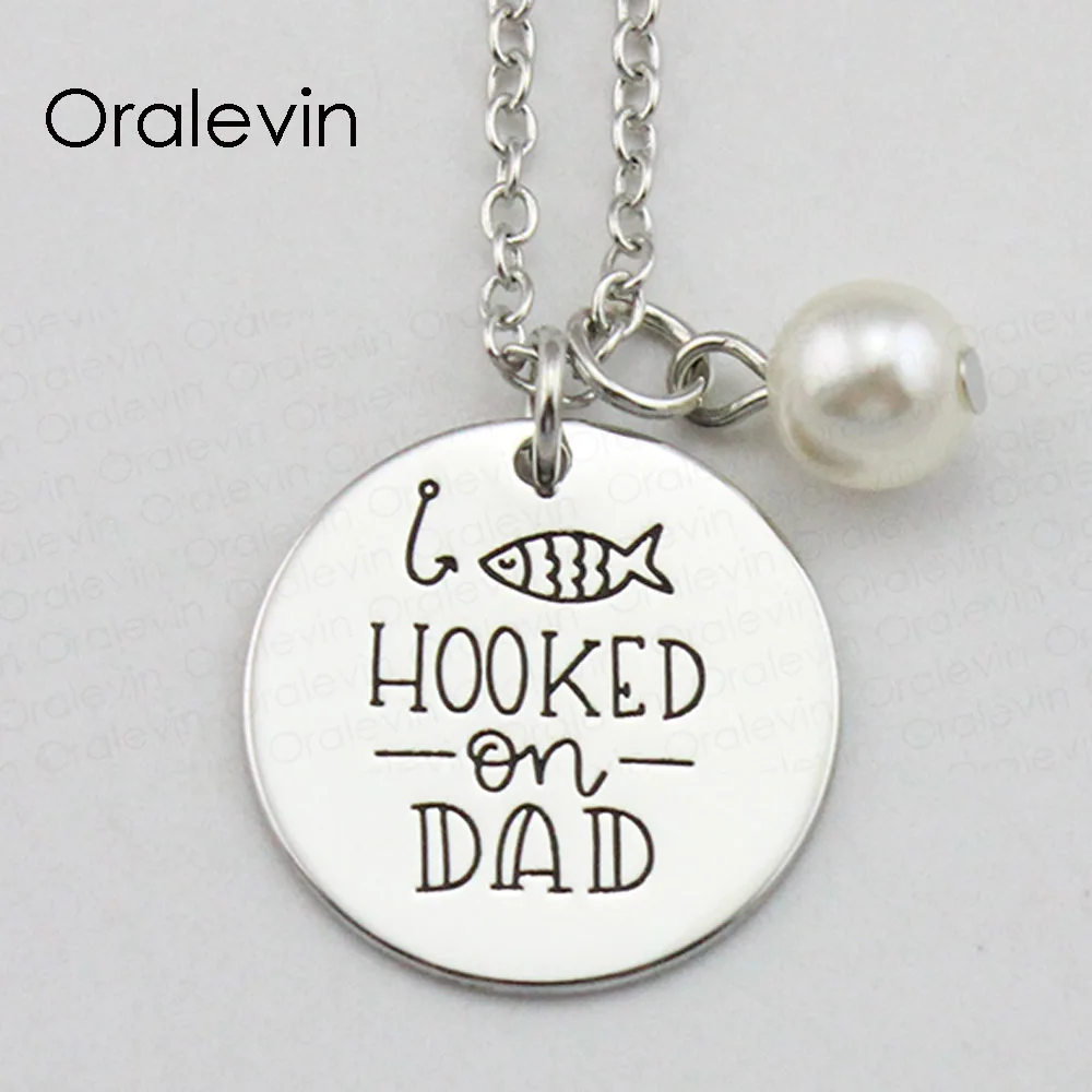 

New Fashion Trendy HOOKED ON DAD Inspirational Hand Stamped Engraved Custom Pendant Female Necklace Jewelry,10Pcs/Lot, #LN2116