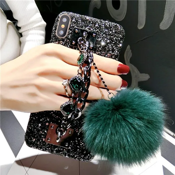 Green Ball Чехол для iphone 6s/7/8 плюс камень ручной металлической цепью держатель 3D ручной работы Rhinestone Diamonds Кристаллы Bling меха pom для iphone X - Цвет: Green Ball