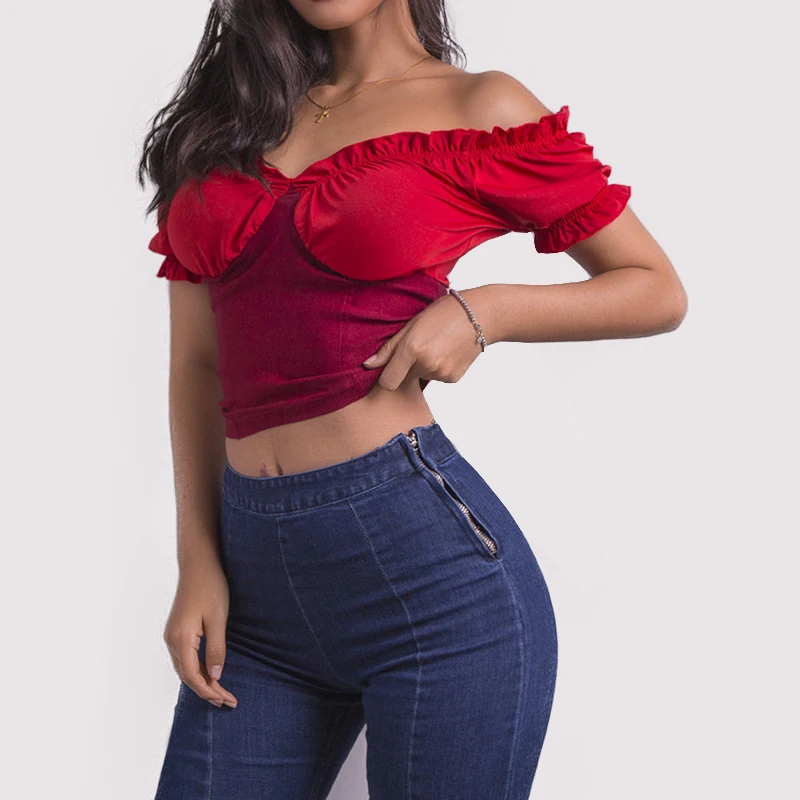 Summer Slim elegant shirt women 2019 short-sleeved Puff Sleeve V-neck umbilical blouse Womens female top |