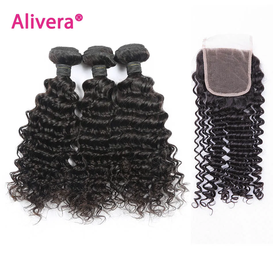 7А Неопрессованном бразильский глубокая волна с закрытием волос связки кружевом