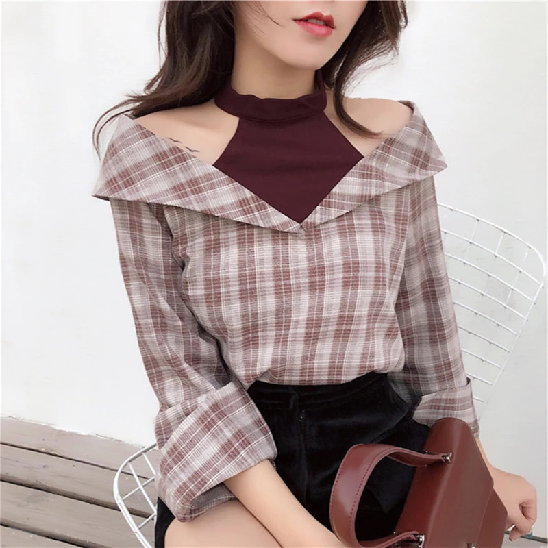 Женские топы 2018 Летняя лоскутная клетчатая блузка с лямкой через шею открытыми