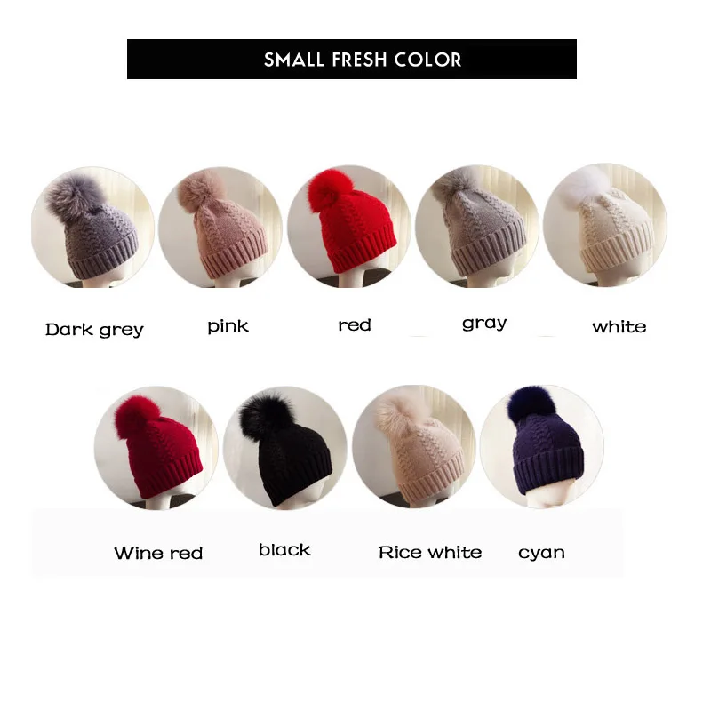 

Autumn winter beanies hat Wool and fox fur ball cap pom poms winter hat for women girl 's wool hat knitted cotton gorros cap