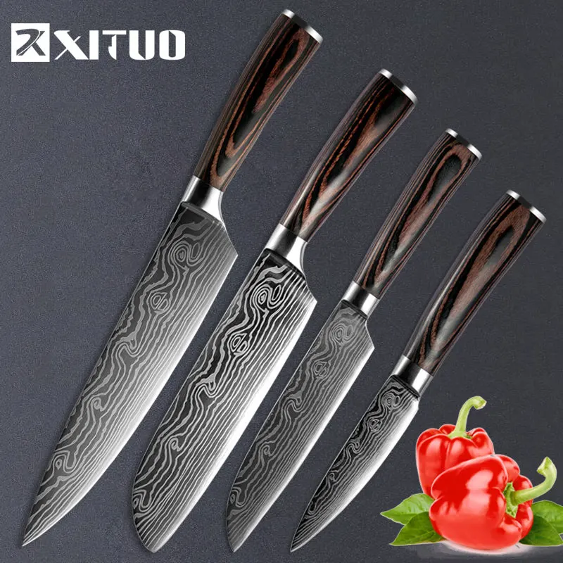 XITUO 8 ''дюймовый нож шеф-повара японский из нержавеющей стали Шлифовальный лазерный узор Ножи Профессиональный острый нож кухонный инструмент подарок - Color: 4PCS set