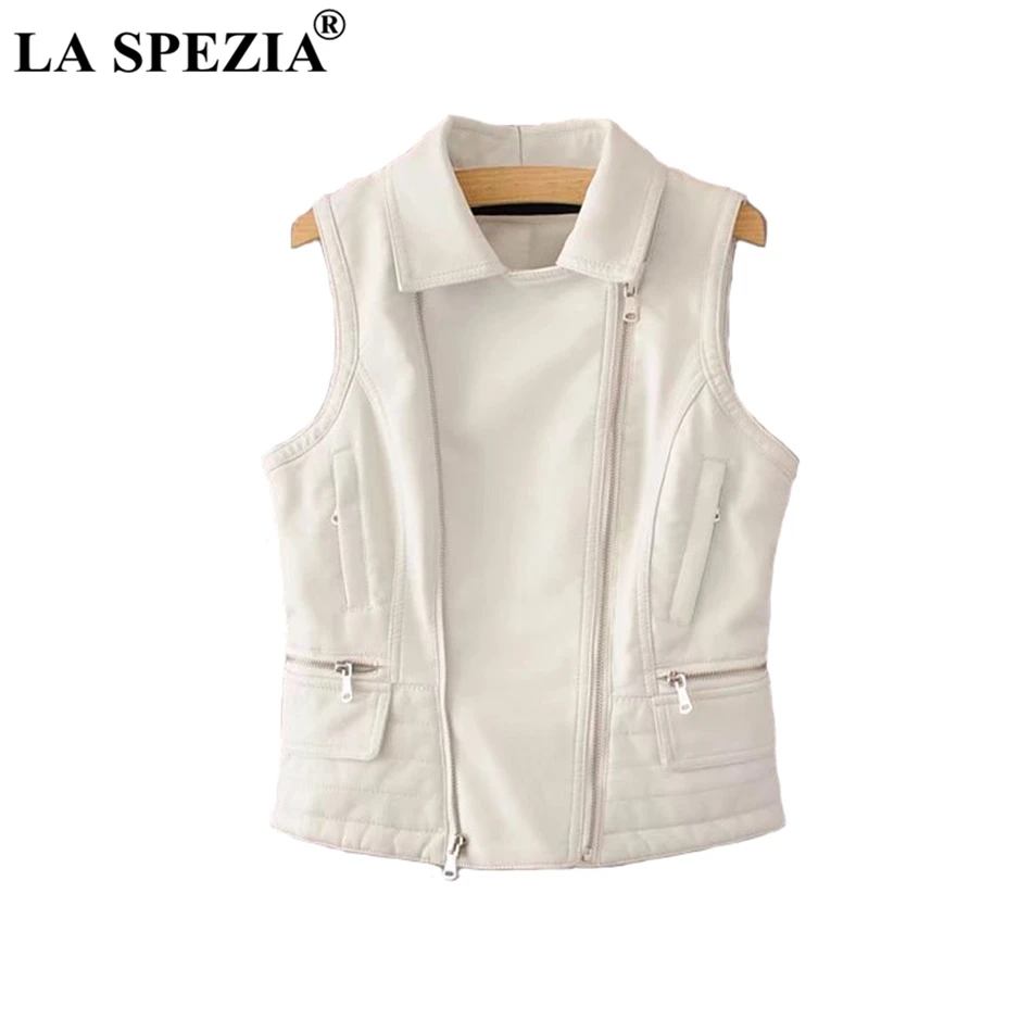 white vest LA SPEZIA черный жилет женский Байкер Панк-жилет женский карманы на молнии искусственная кожа Тонкий облегающий мотоциклетный осенний жакет без рукавов - Цвет: white vest