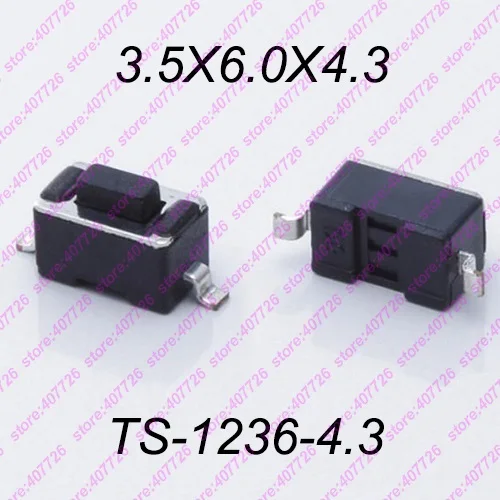 1236-4.3 SMT Black 50 шт. микро переключатель черный кнопочный переключатель моментальный тактовый переключатель 3X6X5 мм/4,3 мм DIP/SMT 2Pin 260GF Кнопка питания - Цвет: 1236-4.3 SMT Black