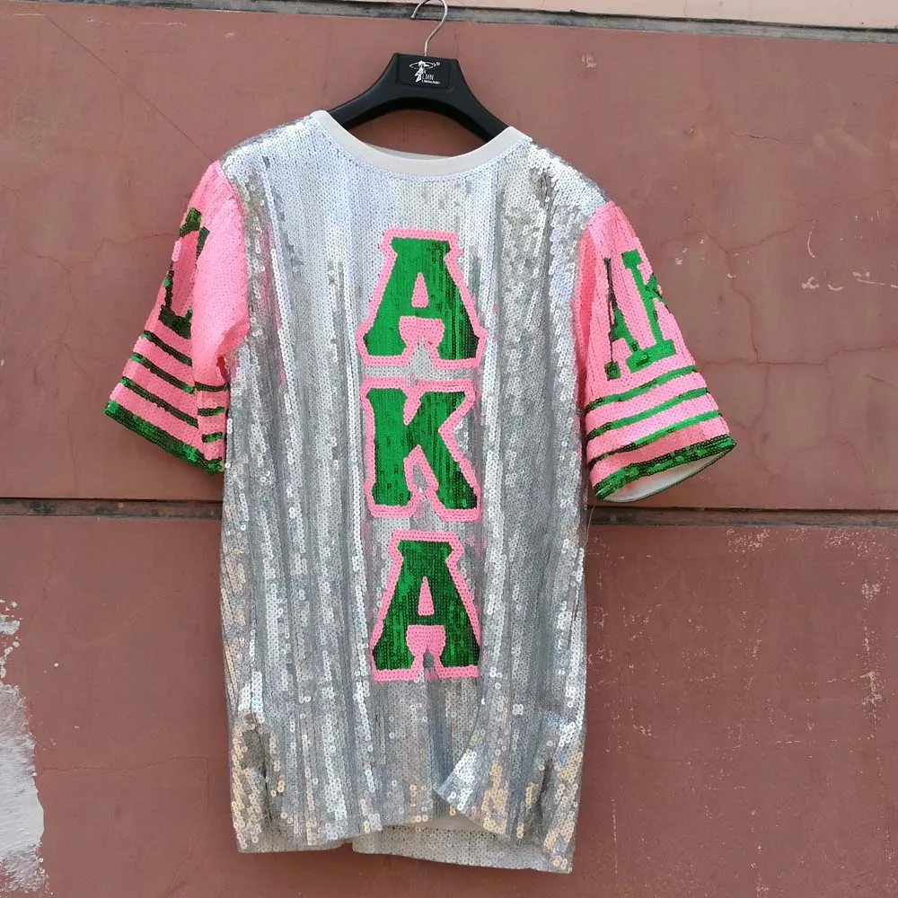 T shirt Футболка с блестками и круглым вырезом Вечерние клубный верх свободная одежда розовый и зеленый цвета Alpha Kapp Alpha AKA с буквенным принтом, футболка с блестками - Цвет: T shirt
