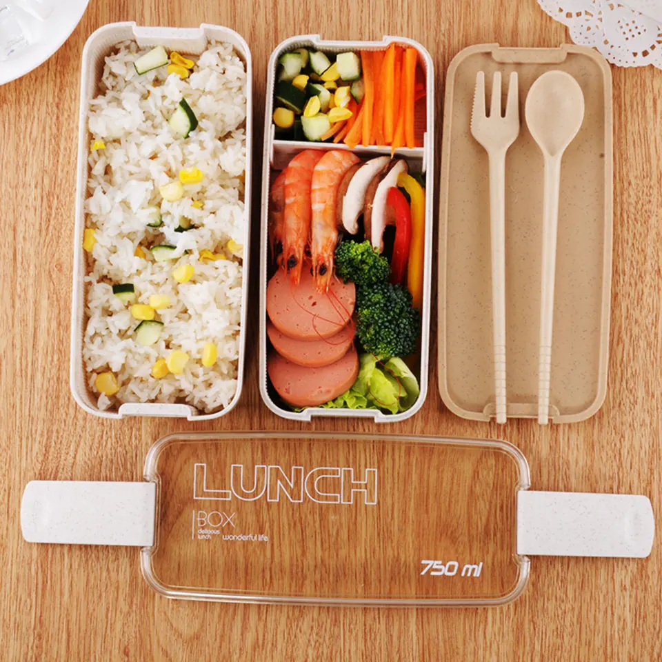 

750ml 2 Layers Eco-Friendly Lunch Box Wheat Straw Material Bento Box Microwavable Dinnerware Lunchbox Leakproof Food Container