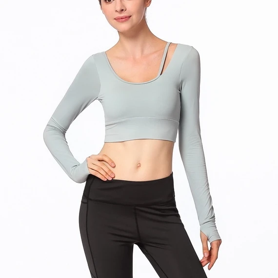 Gray Осенью мягкий Фитнес укороченный топ Для женщин Slim Fit тренировки Топы Для женщин рубашка с длинными рукавами отверстиями для большого пальца Топ для занятий йогой Спортивная одежда для зала - Цвет: Gray