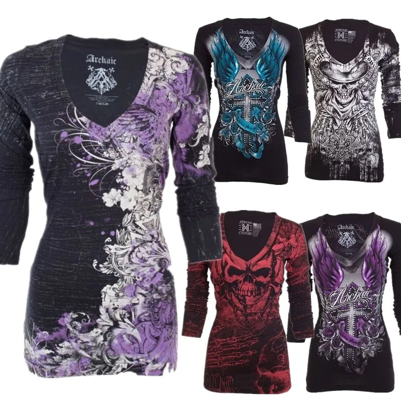 Женская футболка с длинным рукавом V образным вырезом и принтом черепа|Футболки| |