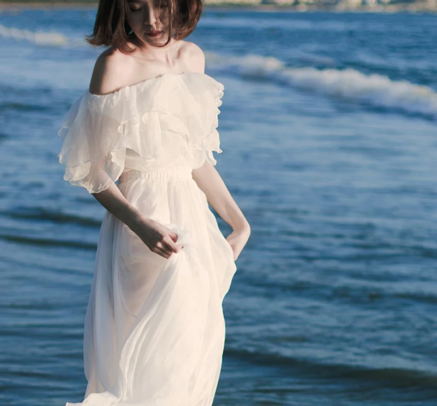 Женское Шифоновое Платье макси с открытыми плечами белое Элегантное свадебное