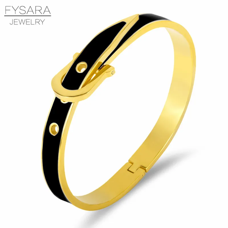 Gold Black FYSARA любовные Браслеты и браслеты для женщин и мужчин с пряжкой на ремне, эмалевые браслеты из нержавеющей стали, классические ювелирные изделия - Окраска металла: Gold Black