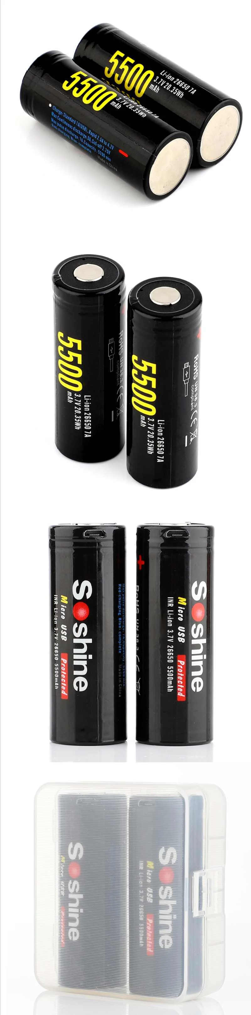 Soshine 5500mAh 26650 USB порт 3,6 V USB перезаряжаемая 26650 литий-ионная батарея с защищенной платой usb зарядка