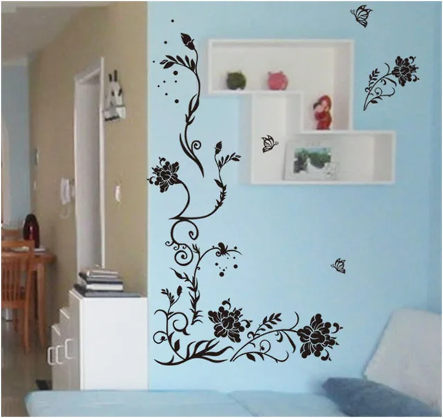 [Fundecoration] черная бабочка цветок лоза настенные наклейки для домашнего декора
