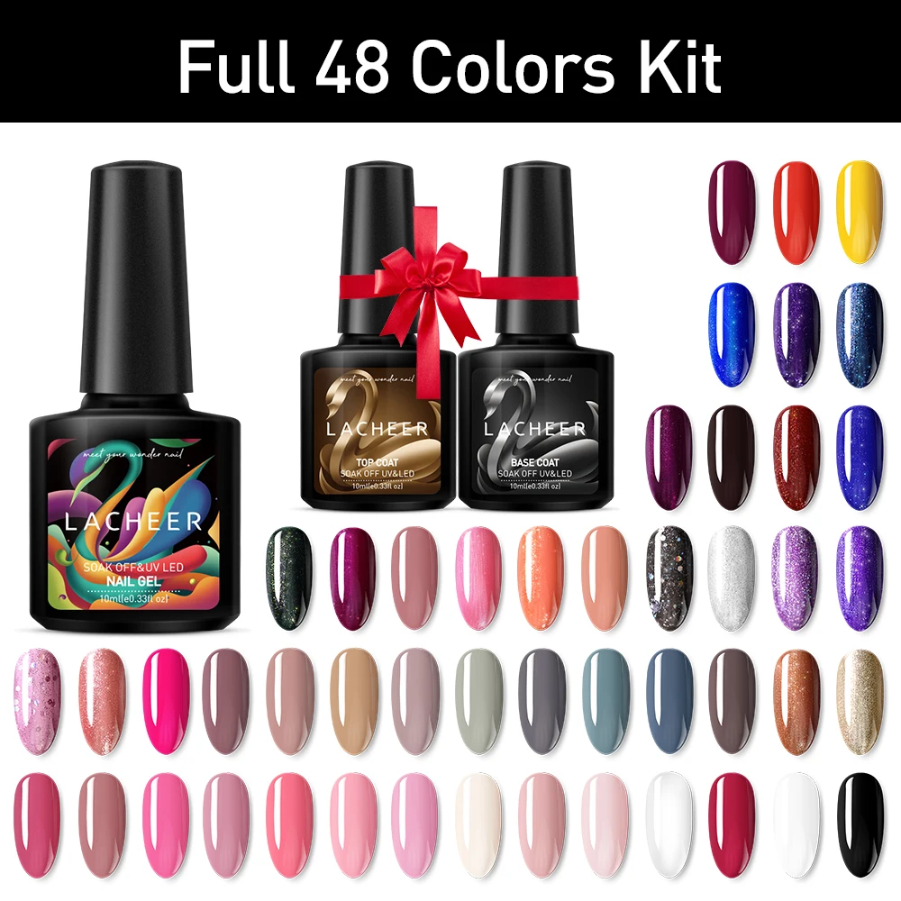 Lacheer 48 Colors Full Set Nail Gel Polish Base Coat Top As Gift Soak Off Led UV Semi Permanent Glitter | Красота и здоровье