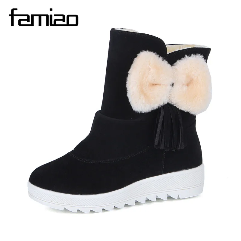 FAMIAO 2017 Snowshoes Women's snow Boots with Wool Fur Soft Ankle Women Genuine Leather Winter bowknot boots | Обувь
