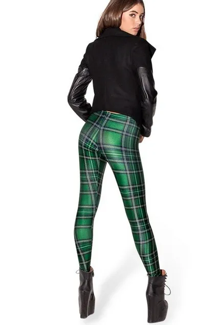 Free shipping Spring 2014 Green Women Tartan Scottish Plaid Milk Digital Print Punk Leggings Pants Lady's Leggins Trousers L17 | Женская