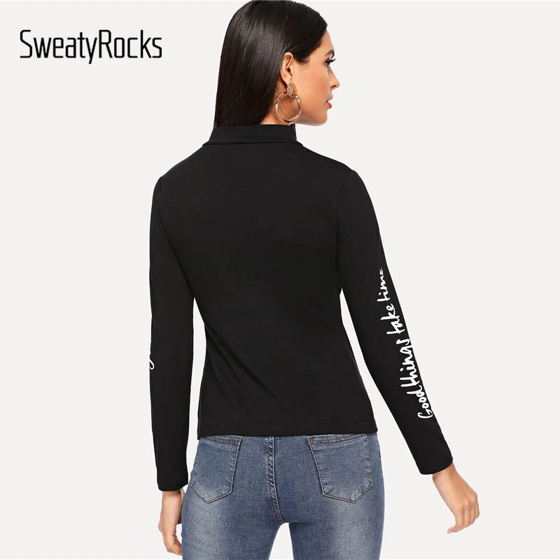 SweatyRocks, черная Облегающая рубашка с буквенным принтом, для тренировок, для женщин, весна-осень, с длинным рукавом, Повседневный пуловер, топы, Облегающая рубашка