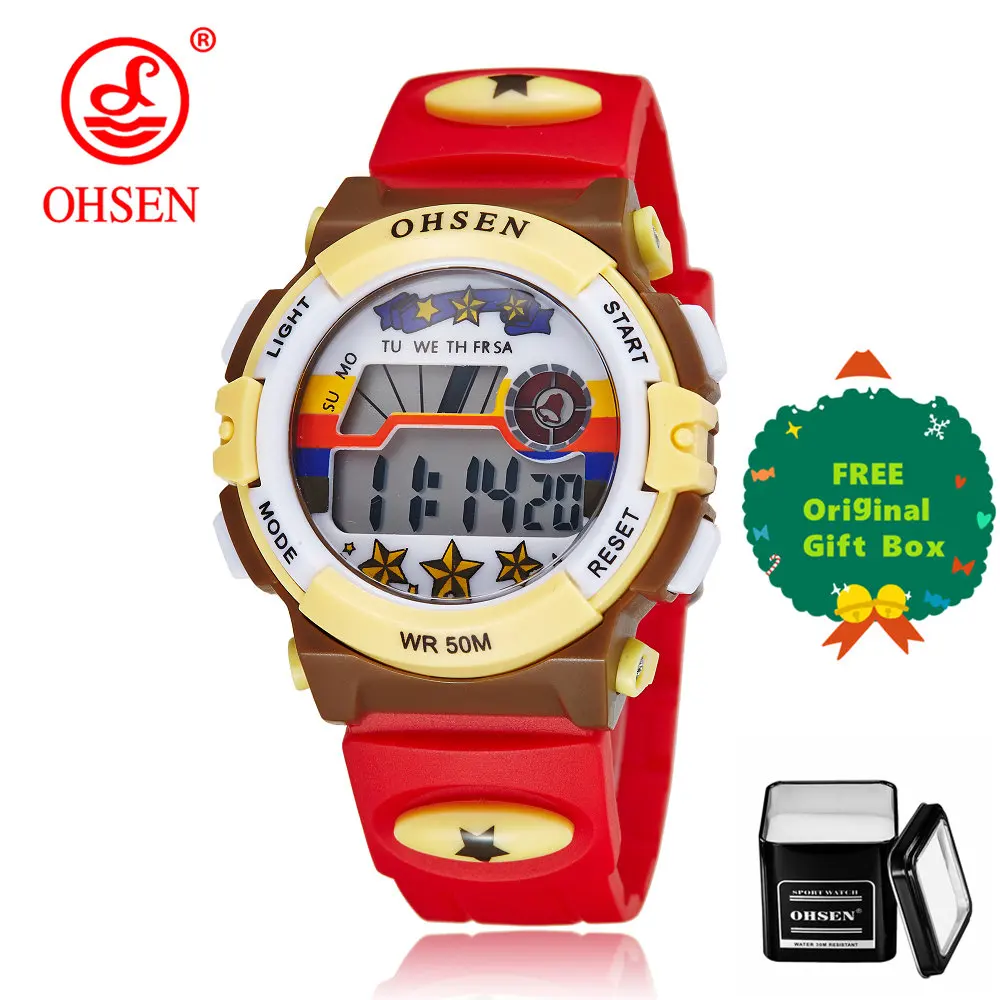 red and gift box OHSEN детские часы электронные 5 бар водонепроницаемые часы для спорта на открытом воздухе детские часы модные цифровые часы для мальчиков Relogio Masculino - Цвет: red and gift box