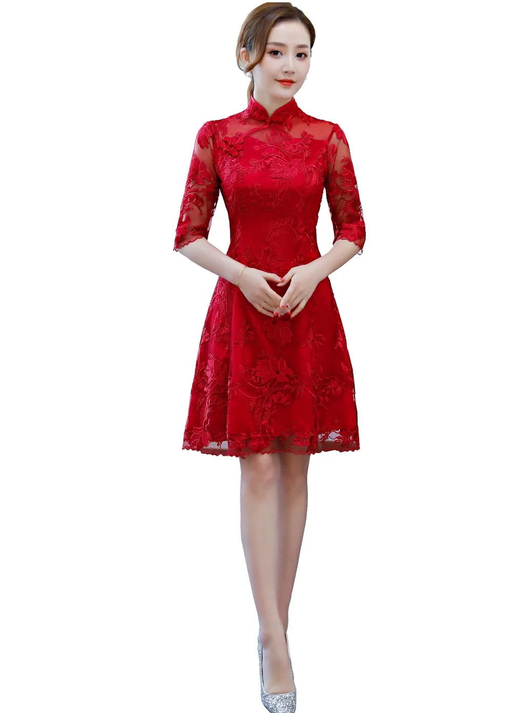 

Shanghai Story Flower Embroidery Cheongsam Dresses Red Lace Qipao For Women Traditional Dress Chinese Wedding Dress