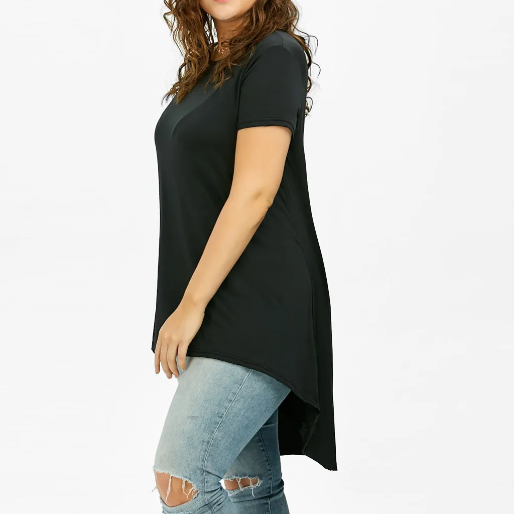 FREE OSTRICH 5XL Women Plus Size Black O-Neck Short Sleeve Asymmetric Retro T-Shirt Tops vintage women clothes 2019 | Женская одежда
