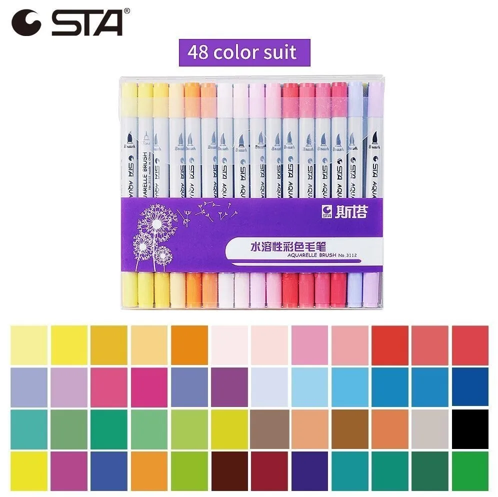 48 Colors STA 12/24/36/48/80 цветов акварельных цветов окраски волос пера 0,4 мм тонко пишущие микрон иглы Водорастворимая акварель чернила художественный маркер для белой доски - Цвет: 48 Colors