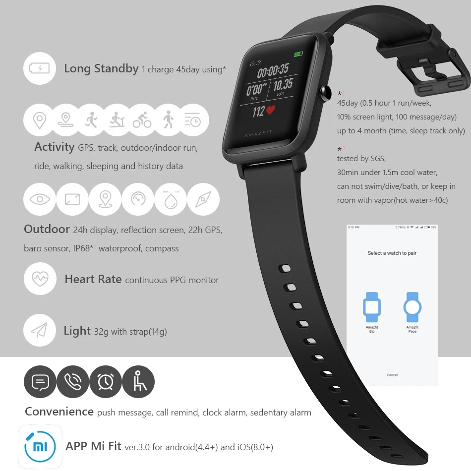 Оригинальные Смарт-часы Xiao mi Hua mi Amazfit Bip BIT PACE Lite Youth, отражающие цветной экран, 1,28 дюйма, Baro IP68, водонепроницаемые, gps