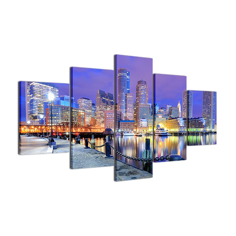 

HD Print Canvas Modular Pictures Frame 5 Panel Boston Harbor Night Landscape Wall Art Painting For Living Room Decor Poster