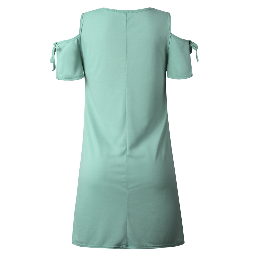 Women Casual V-Neck Hollow Out Sleeve Dress Fashion Solid Loose Dresses Ladies Summer Bow Off shoulder Plus Size Vestidos |