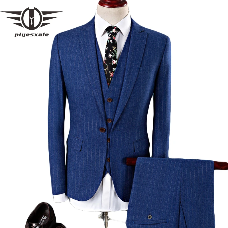 Plyesxale мужской костюм в полоску 2018 Slim Fit Мужские свадебные костюмы бренд Темно