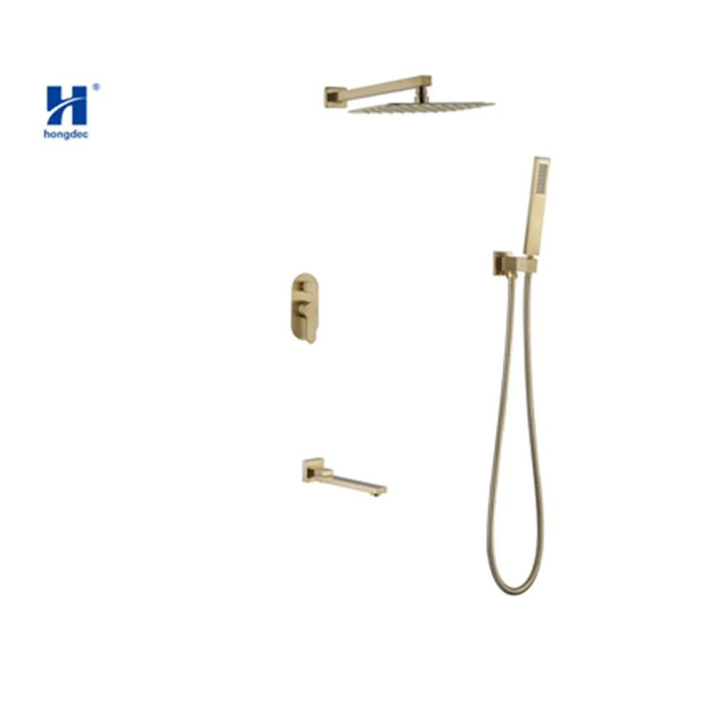 

Hongdec Premium Brushed gold Square Rain Shower head set Wall Mounted Shower Arm Mixer Diverter