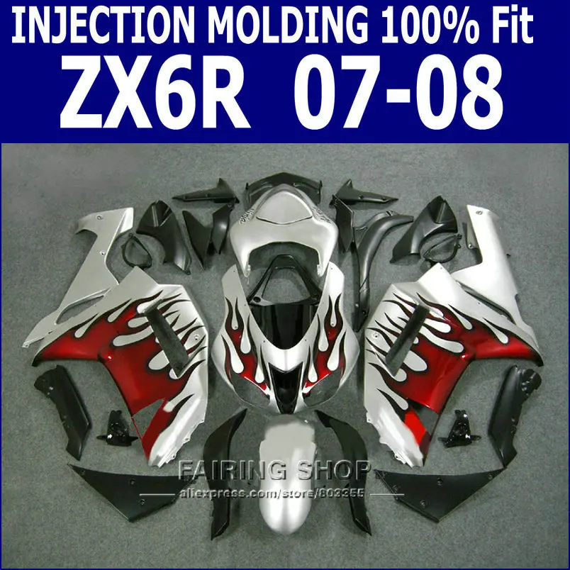 Серебряный + пламя zx6r 2007 2008 Обтекатели для Kawasaki Ninja 07 08 комплект обтекателей (100%