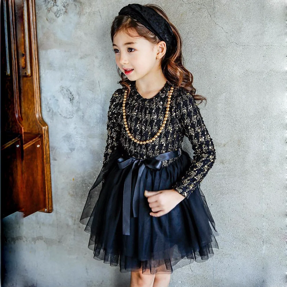 2019 Autumn New Korean Version of The Cute Girls Solid Bow Graceful Princess Full Length Sleeve Mesh Patchwork Ball Gown Dresses | Детская