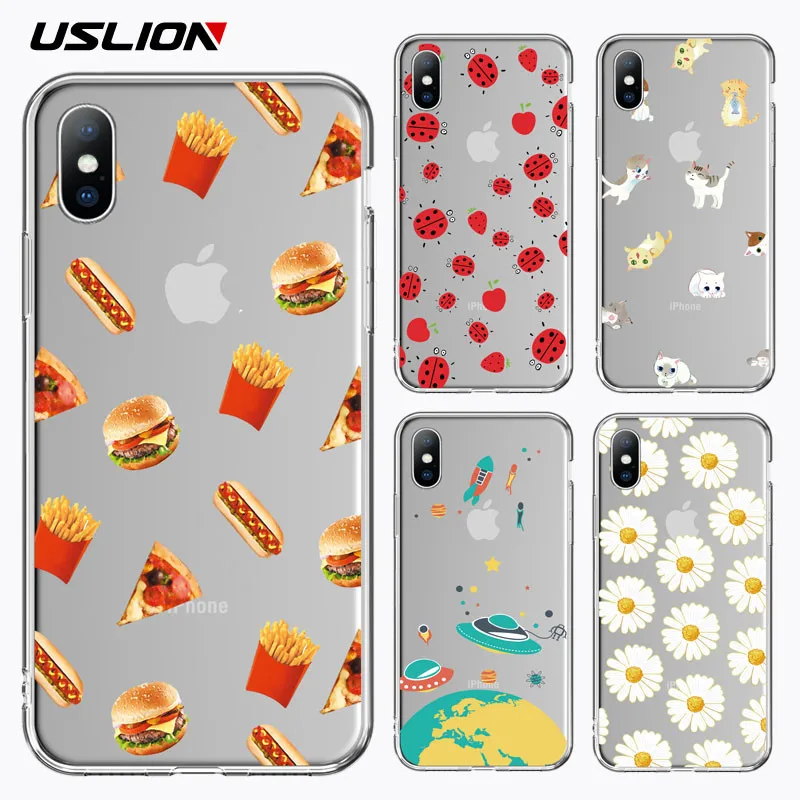 USLION Funny Hamburger Plant Phone Case For iPhone X XR Xs Max Soft TPU Cartoon Clear Cover 5 5s SE 6 6s 7 8 Plus |
