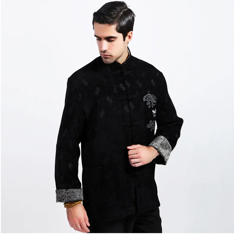 Черная зимняя новая Толстая Мужская Вельветовая куртка в китайском стиле с