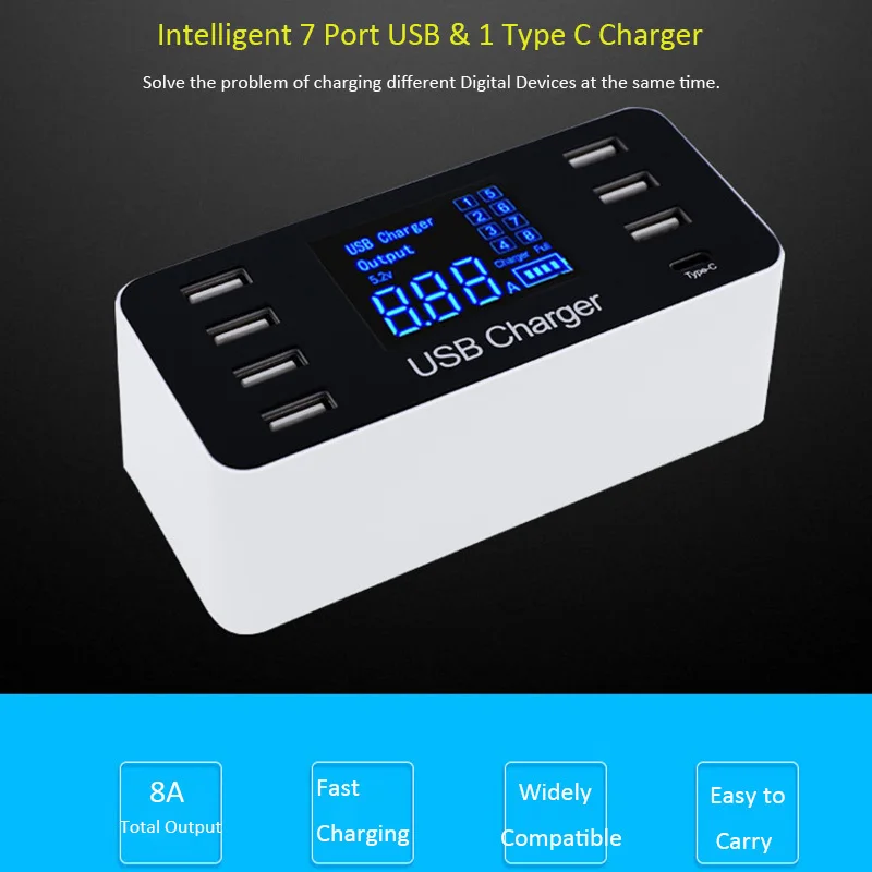 7 портов usb type C 5 В/8A розетка зарядное устройство с напряжением тока ЖК-дисплей для смартфонов планшетных ПК AU/EU/US/UK Разъем