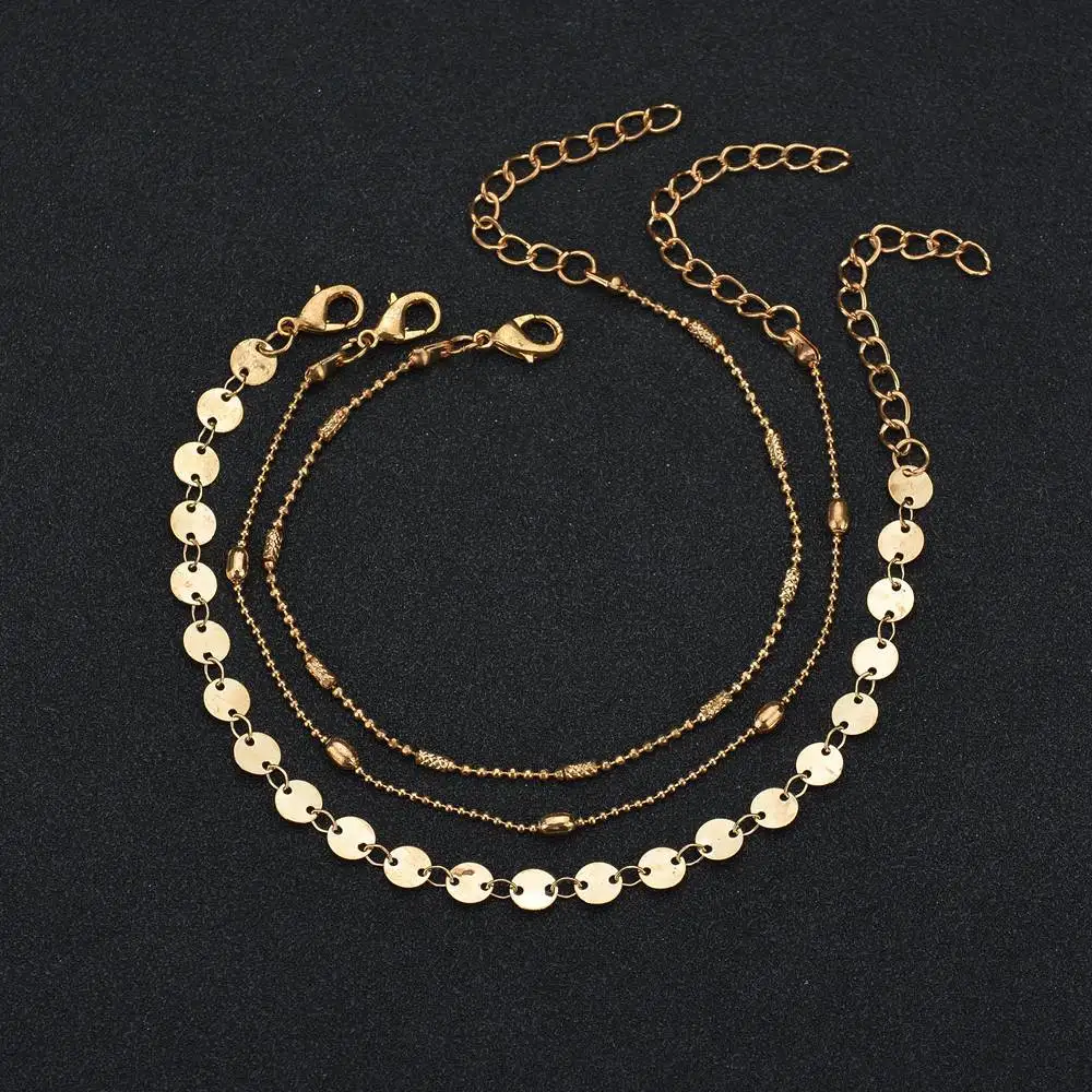 

2019 sleek minimalist three-layer anklet, boho alloy round metal ladies bracelet, ocean beach accessories gift