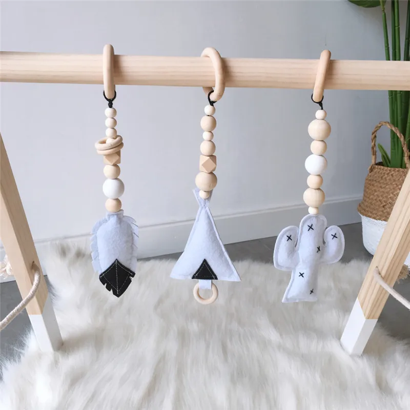 Wooden Beads Nursery Beads Wall Ornaments With Felt Feather Cactus Tent Hanging Pendant Baby Rattle Stroller Play Gym Toy Decor