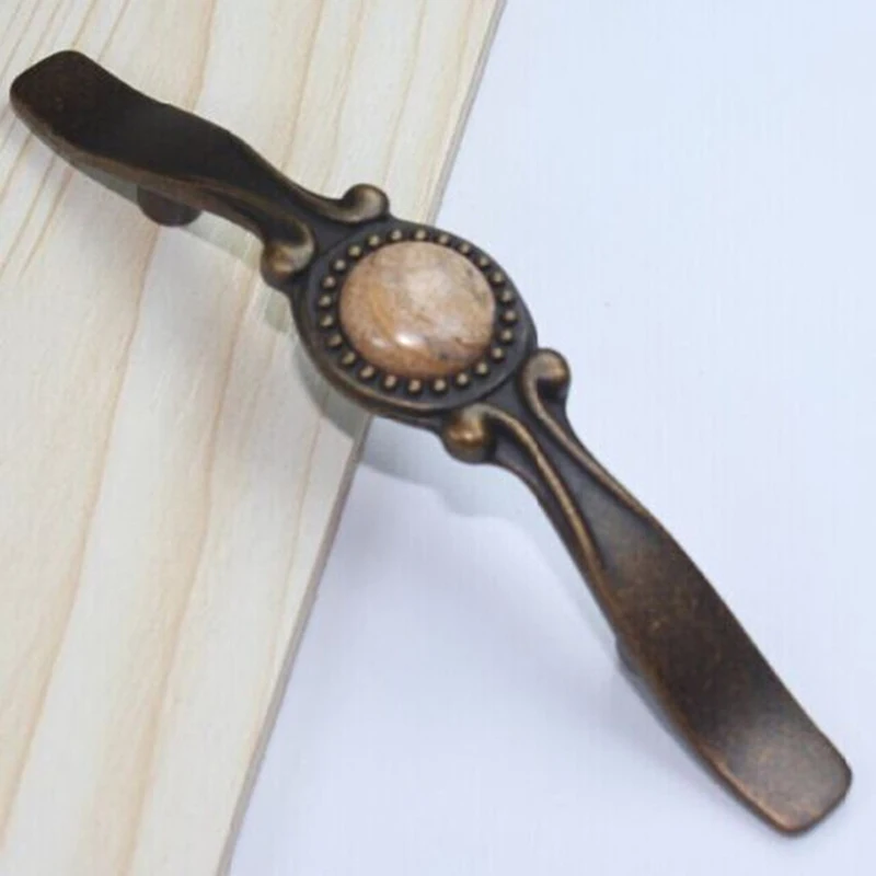 

76mm natural gemstones furniture decoration handle Antique brass drawer kitchen cabinet pull Bronze dresser cupboard door knob3"