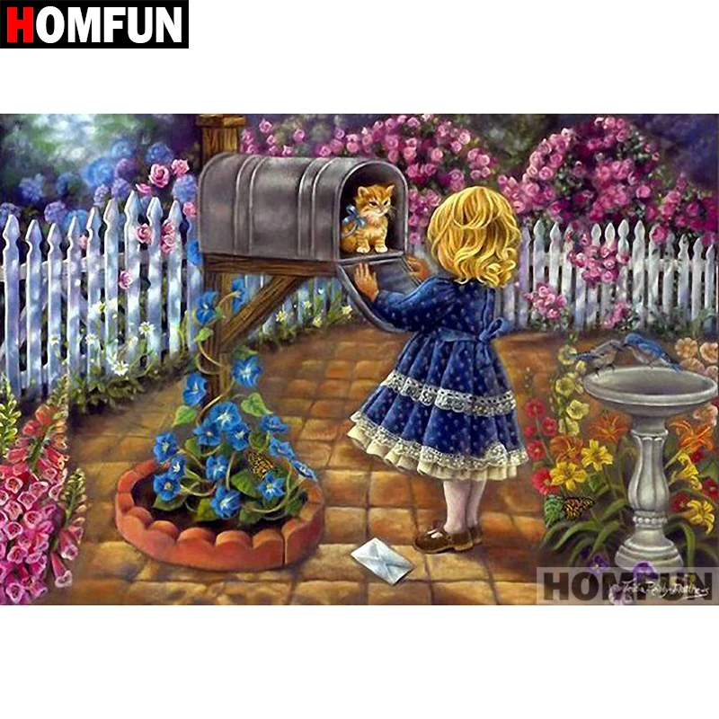 Алмазная 5D картина HOMFUN Девочка и кот вышивка крестиком полная выкладка